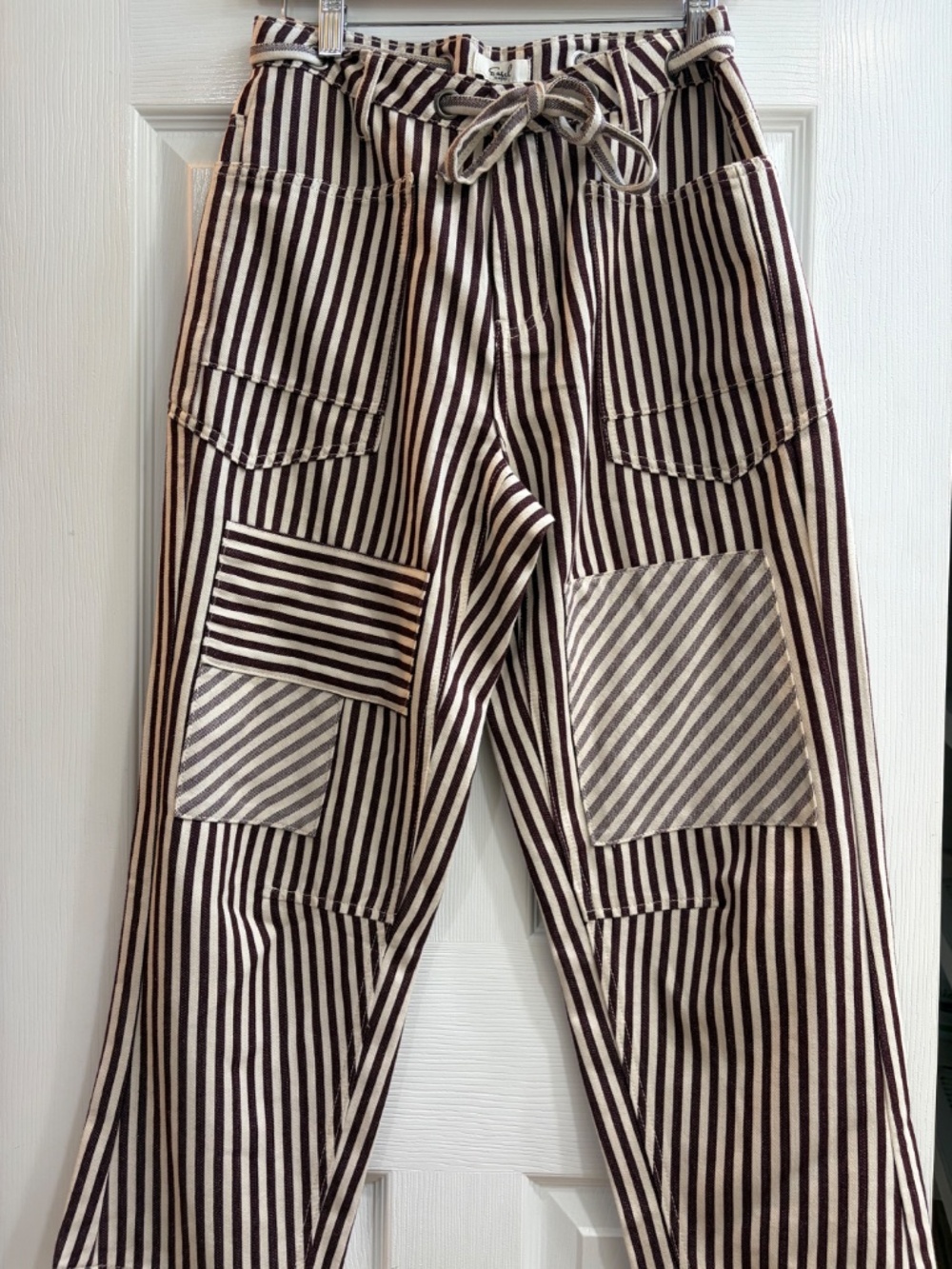 NEW EASEL PAPERBAG PANTS STRIPED TWILL CARGO RELAXED FIT DRAWSTRING HIGH RISE - Picture 5 of 7